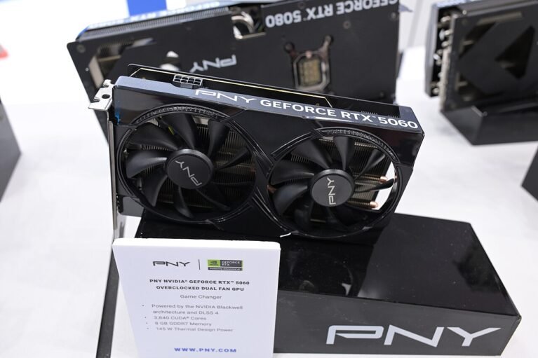 PNY variant of the NVIDIA GeForce RTX 5060 8GB displayed at Computex 2025; board designs vary
