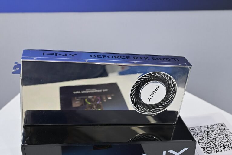 PNY NVIDIA GeForce RTX 5070 Ti 16GB displayed at Computex 2025; board designs vary