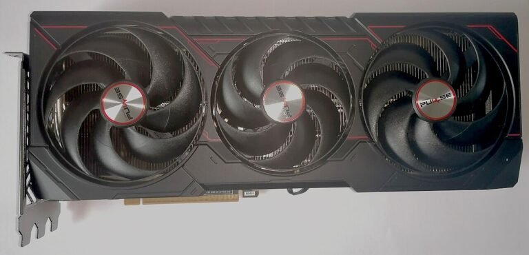 Sapphire Pulse variant of the AMD Radeon RX 9070 XT, showing its three-fan cooler; board designs vary