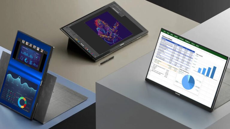 ViewSonic VG1656N wireless portable monitor shown at right with two related ViewSonic 16-inch portable monitors