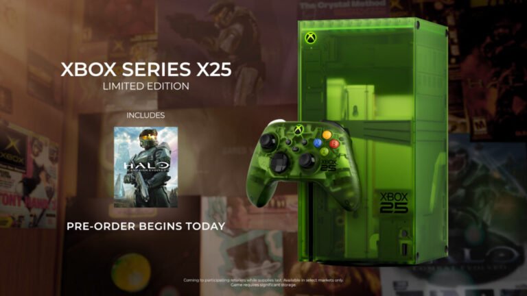 Xbox Series X25 Limited Edition console and controller in translucent green, shown with Halo Campaign Evolved artwork